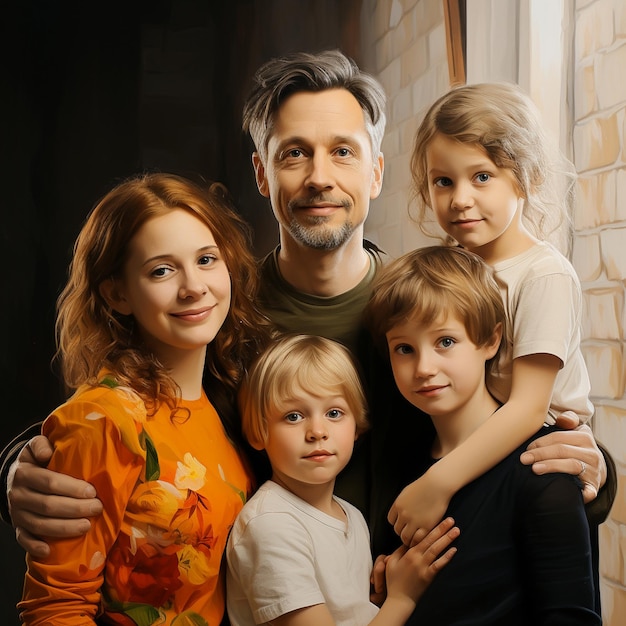 Семья позирует для фото с мужчиной и двумя детьми.
