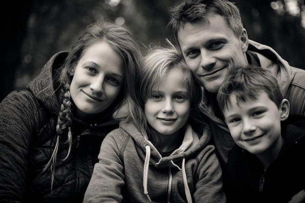 Foto una famiglia posa per una foto con le braccia intorno alla testa.