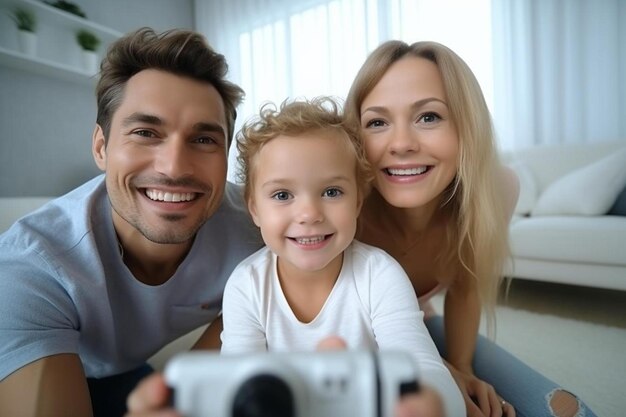 Photo a family poses for a photo with their son and the camera