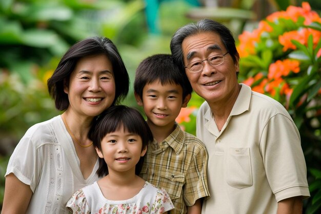 Photo a family poses for a picture in front of flowers