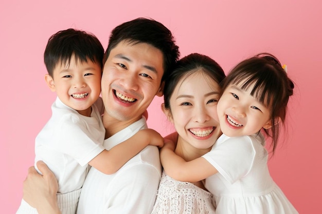 a family poses for a picture in front of a pink background