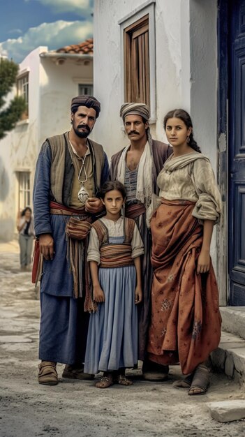 a family poses for a picture with a girl and a man in a dress