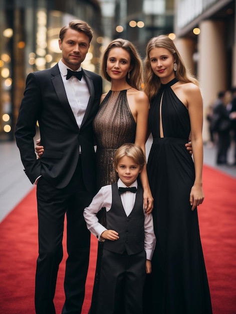 A family poses on the red carpet with their children.