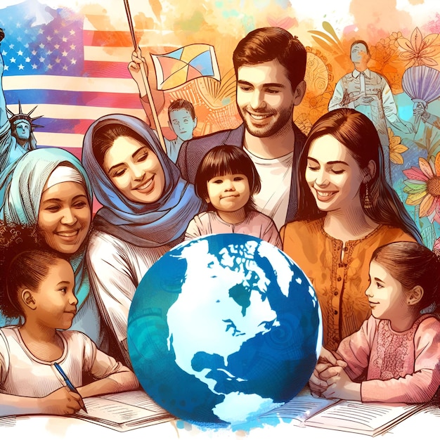 a family poses with a world map