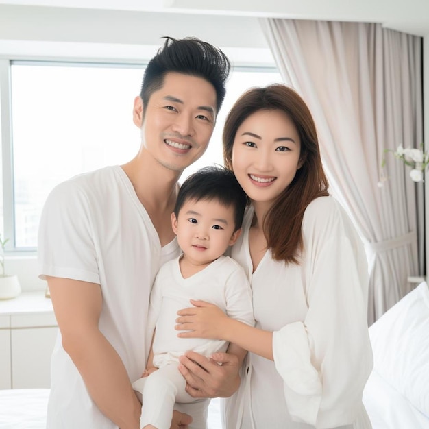 a family posing for a photo in a bedroom