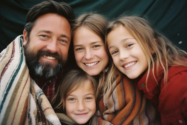 a family posing for a photo under a blanket