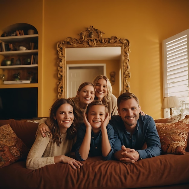 Photo a family posing for a photo on a couch