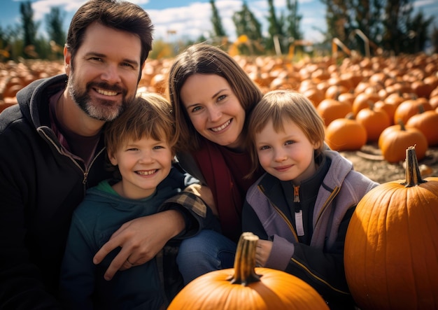 A family posing for a photo among the pumpkins at a pumpkin patch