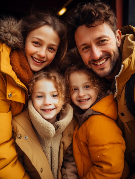 Foto una famiglia in posa per una foto in giacche gialle