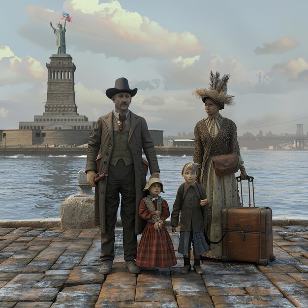 Photo a family posing with a statue of liberty in the background