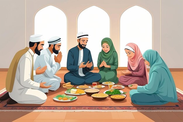 Family Prayer Before Iftar Ramadan Season Cartoon