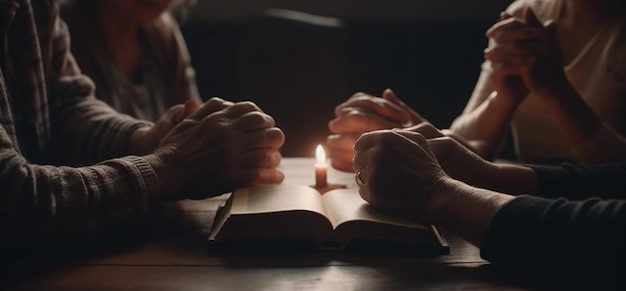 Family praying hands with a bible Generative Ai