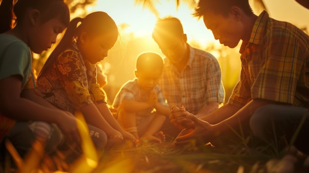 A family prays on knees together