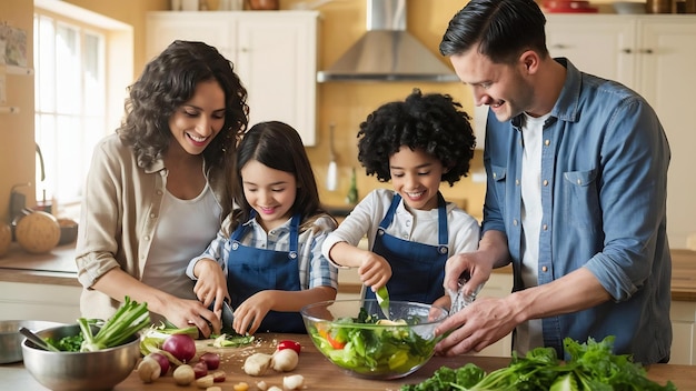 Family prepare the salad in a kitchen