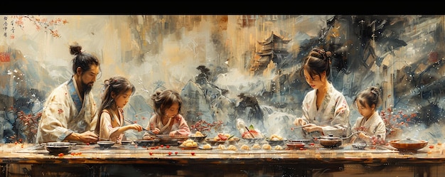 A Family Preparing Feast Of Dumplings Fish Background