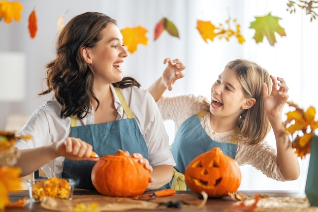 Family preparing for Halloween