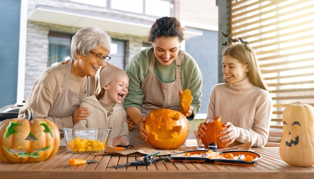 Family preparing for Halloween