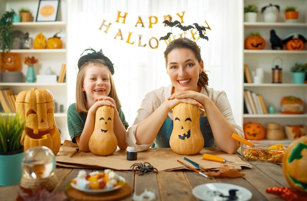 Family preparing for Halloween