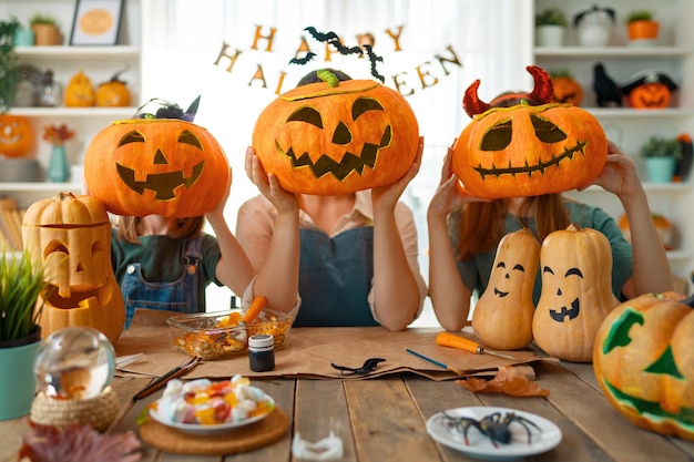 Family preparing for Halloween