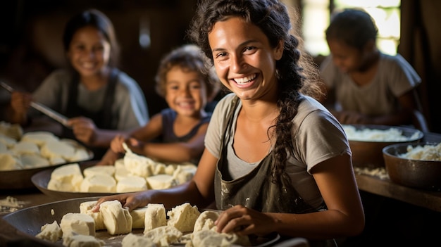 Family Preparing Homemade Cheese On A Traditional