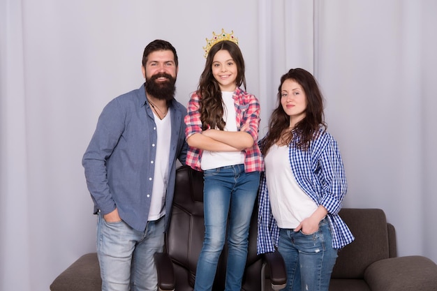 Family proud of her Proud parents Family values concept Family bonds Family spend weekend together Mom bearded dad and daughter Happy parenthood Our little princess Best daughter ever