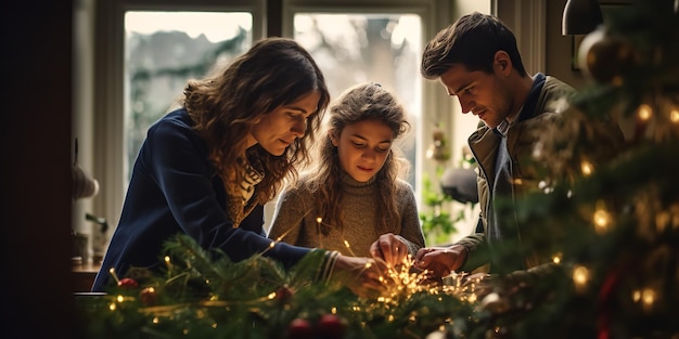 クリスマスツリーにイルミネーションを灯す家族 ジェネレーティブ AI