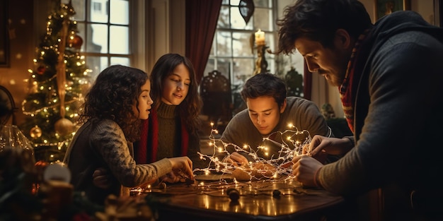 A family putting lights on a Christmas tree Generative AI