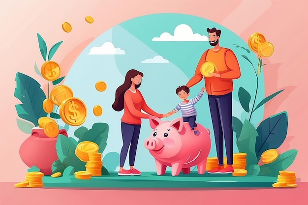 Photo family putting money coins in piggy bank tiny father mother and child investing in future flat vector illustration family budget savings concept for banner website design or landing web page