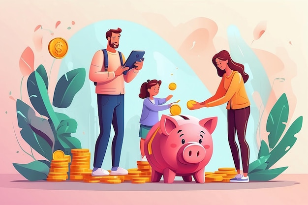 Family putting money coins in piggy bank tiny father mother and child investing in future flat vector illustration family budget savings concept for banner website design or landing web page