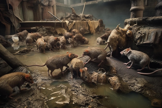 Семейство крыс, резвящихся в загрязненной реке в окружении кучи промышленных отходов Несмотря на опасные условия, игривые животные, похоже, развлекаются Генеративный ИИ