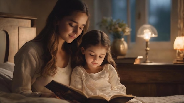 Family reading bedtime pretty young mother reading a book to her daughter