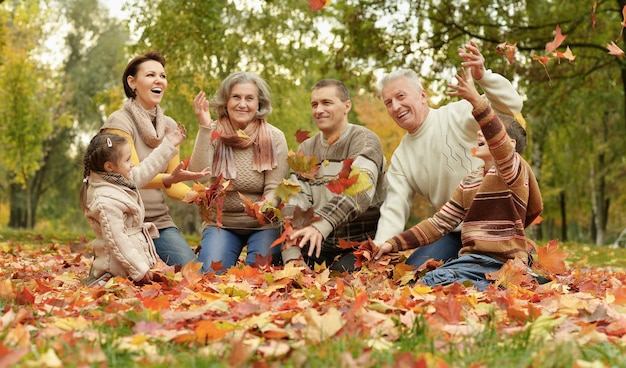 Family relaxing in autumn park