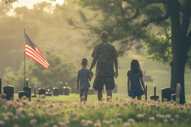 Family Reunion Military Cemetery American Flags Memorial