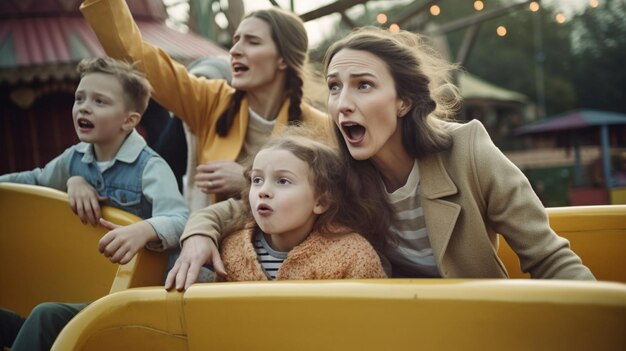 A family rides a yellow boat in a amusement park.