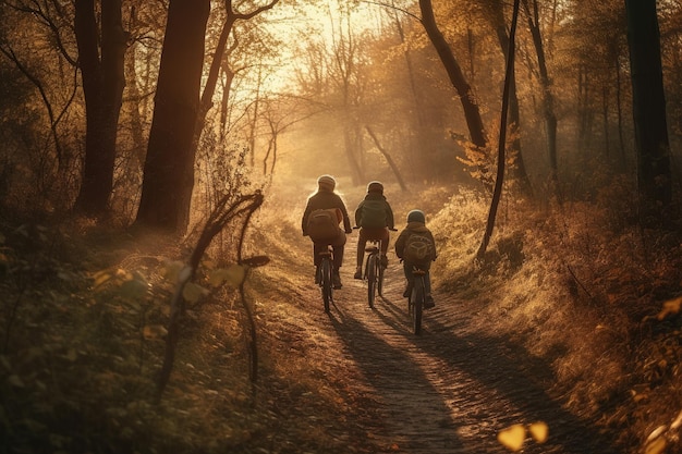Family riding on bicycles through the forest during sunse