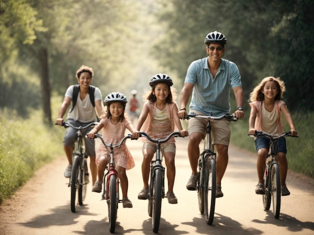 a family riding bikes down a dirt road in the woods together