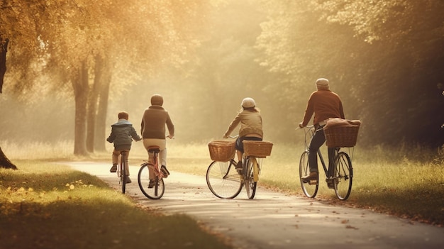 晴れた日に自転車に乗る家族