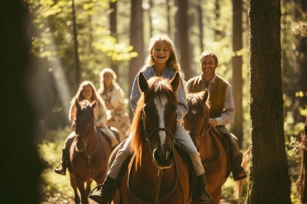 A family riding horses through a forest