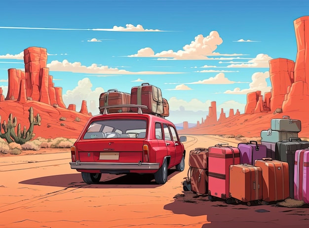 семья на дороге путешествует с чемоданами в машине в стиле ярких мультфильмов