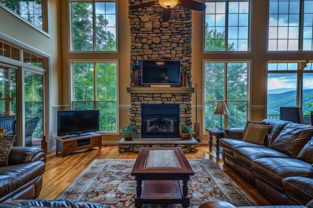 Family room in luxury home with stone fireplace Family room in luxury home with stone fireplace