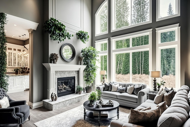 Family room at a mansion with a fireplace and big windows with a grey interior