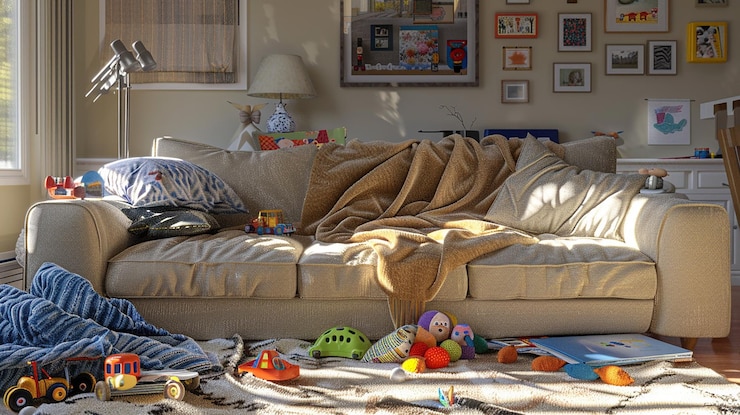 Photo family room with sofa scattered kids toys and cozy blankets