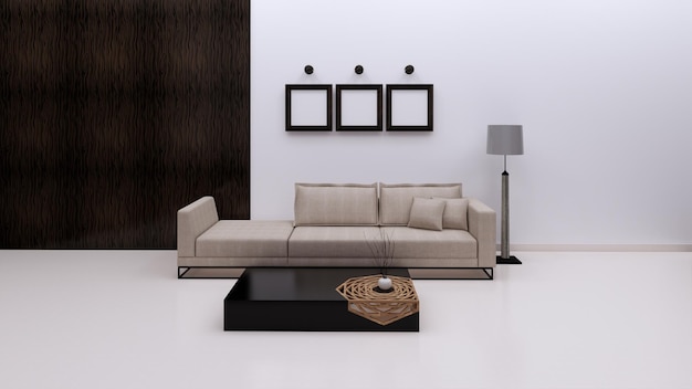 Family room with sofa, white wall and mockup frame, 3d\
rebdering