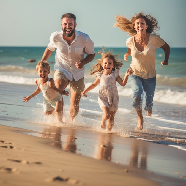 A family running on the beach