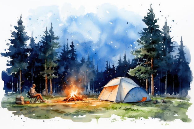 Семья устраивает кемпинг на поляне с палатками и огнем под звездами акварель на белом фоне яркий