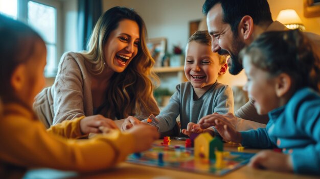 Foto famiglia che si diverte a sorridere e ridere mentre gioca a un gioco da tavolo a casa
