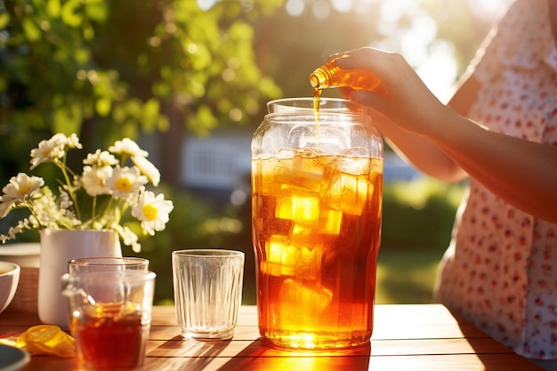 A family sharing a pitcher of iced tea at a backyard barbecue