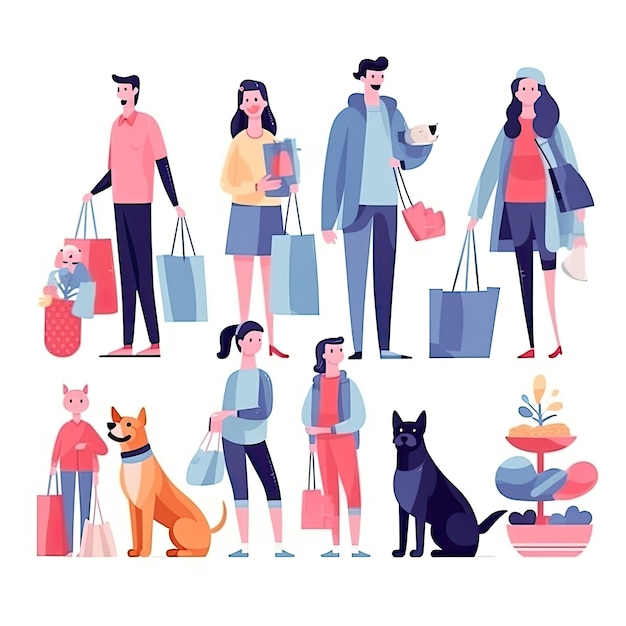 Семейный шоппинг плоская композиция с мужскими и женскими персонажами, делающими покупки и собакой Плоская векторная иллюстрация Сгенерировано AI