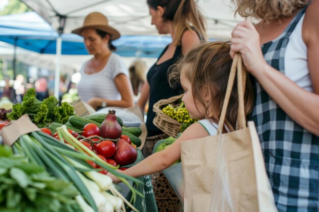 A family shopping with reusable bags and containers at a local farmers39 market choosing organic produce for sustainable living