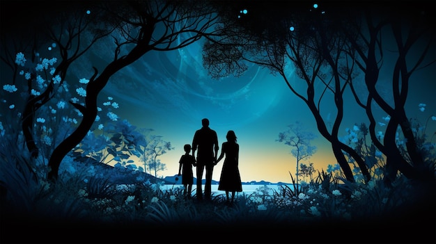 Photo family silhouette among grass flowers and trees